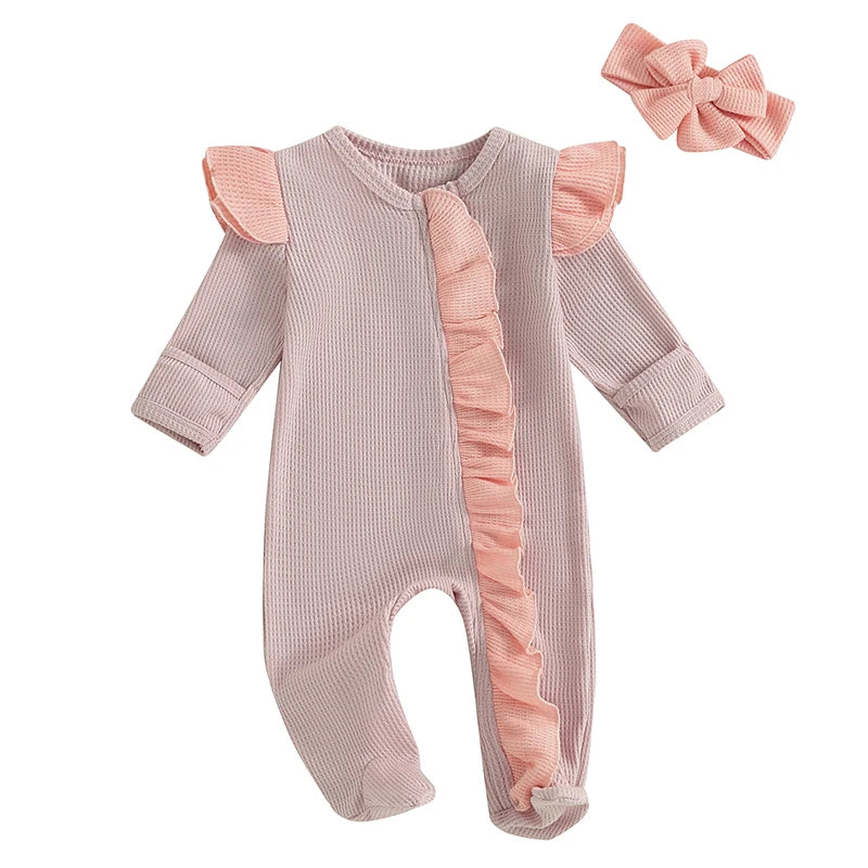 Blush Ruffle Ribbed Jumpsuit & Bow Set