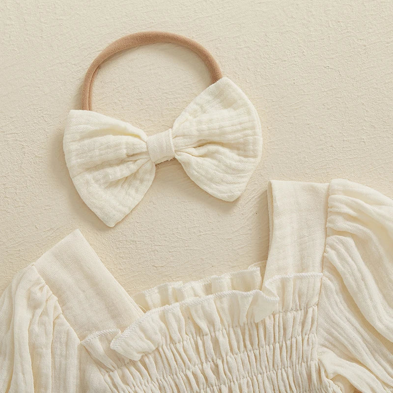 Smocked Long-Sleeve Romper & Bow Headband Set