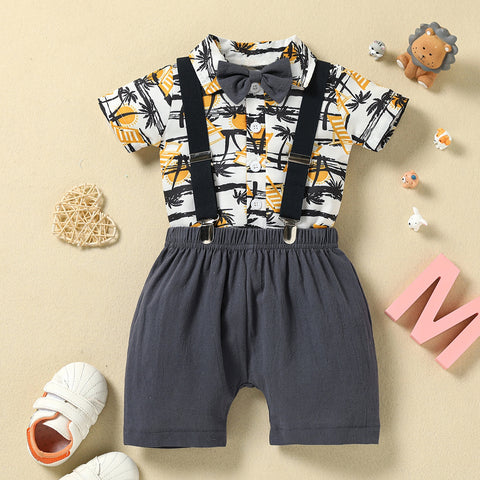 Boys' Tree Printed Button Up Suspenders Shorts Set