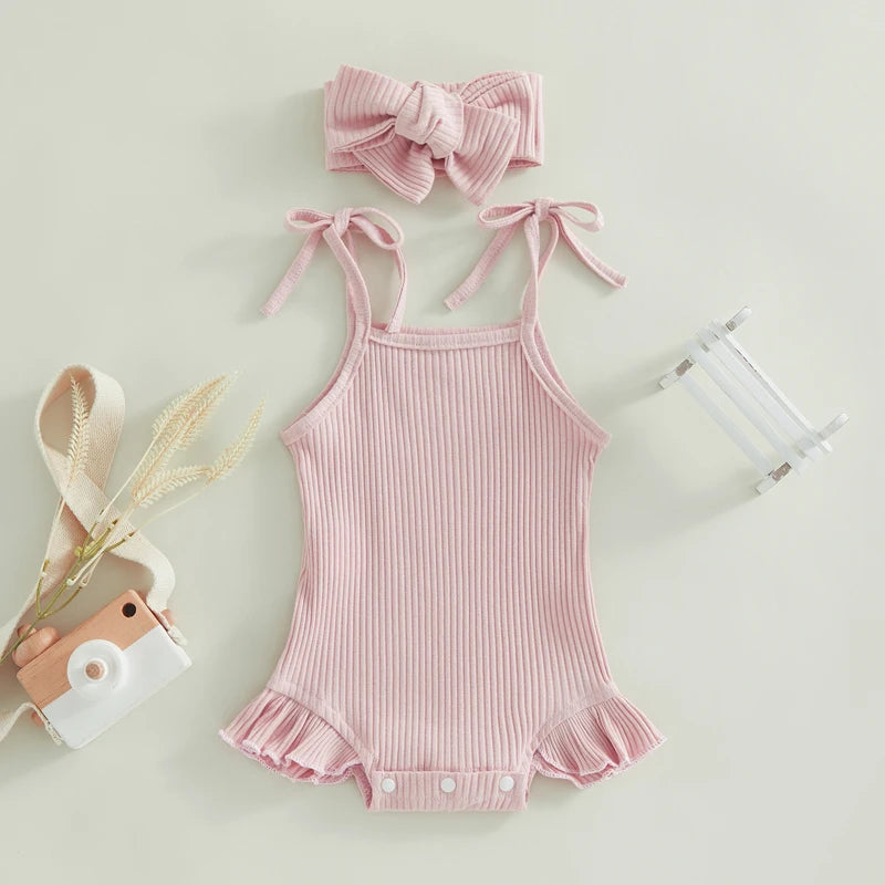 Soft Ribbed Flutter Tie-Strap Romper Set