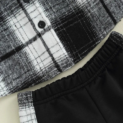 Boys' Long Sleeve Hooded Plaid Jacket with Sweatpants Set