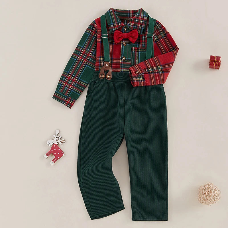Red & Green Plaid Print Shirt & Suspender Pants Set