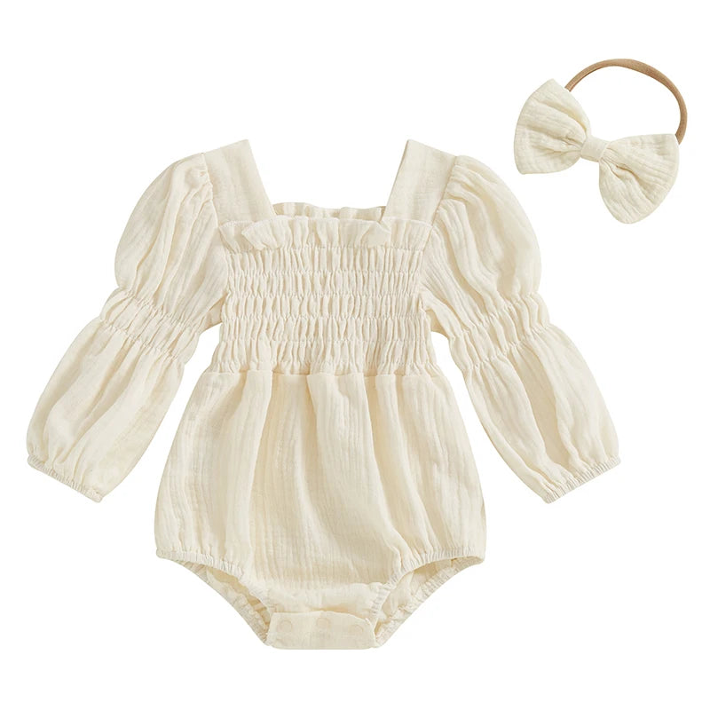 Smocked Long-Sleeve Romper & Bow Headband Set