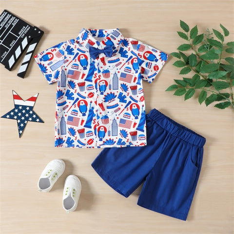 American Flag/Hat Print Button Up Shirt With Blue Shorts