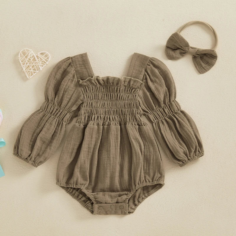 Smocked Long-Sleeve Romper & Bow Headband Set