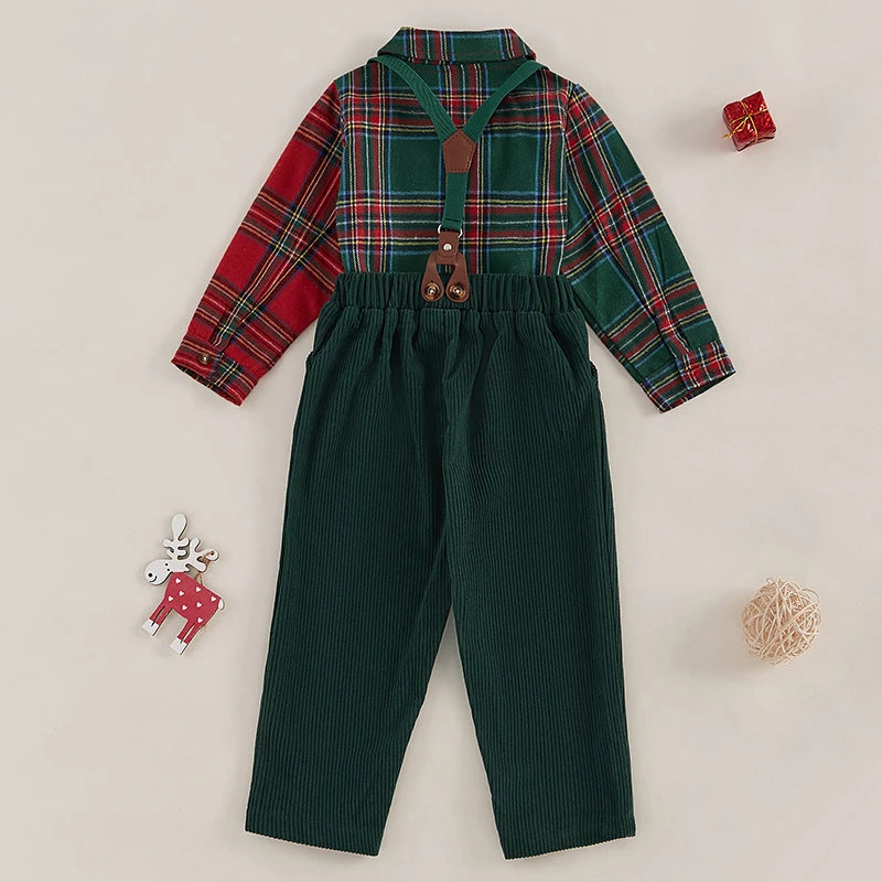 Red & Green Plaid Print Shirt & Suspender Pants Set