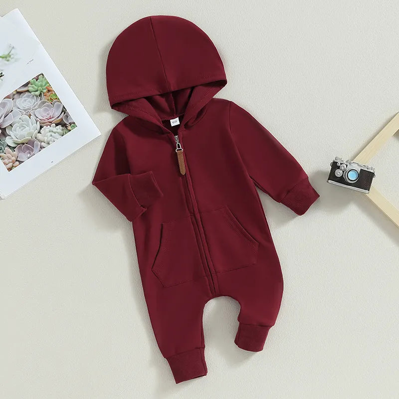 Baby Hooded Solid Color Zip Up Jumpsuits