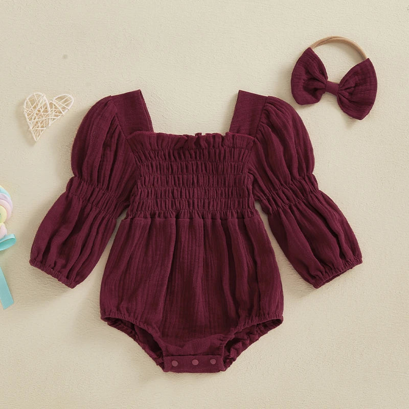Smocked Long-Sleeve Romper & Bow Headband Set