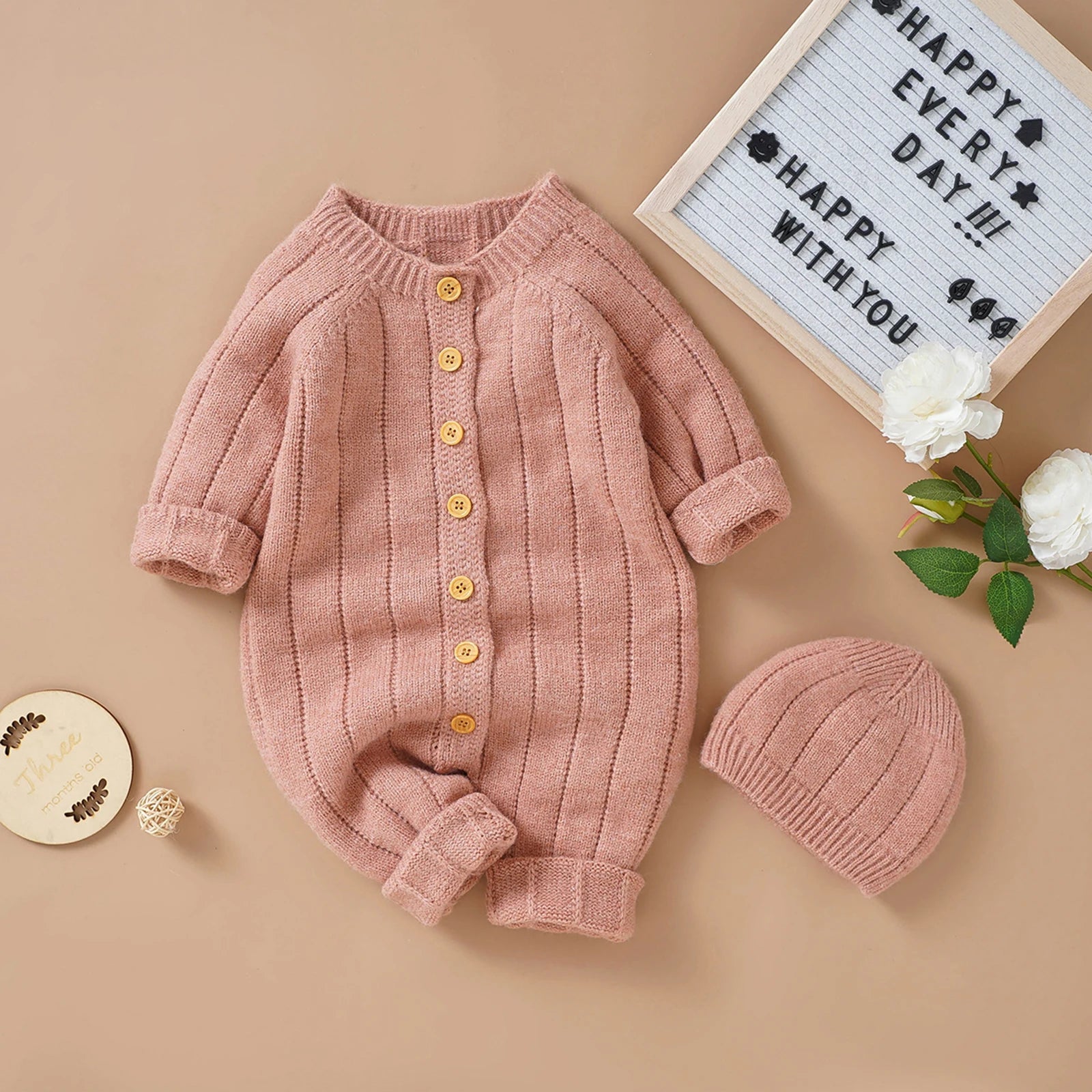 Button Knit Jumpsuit and Cap Set