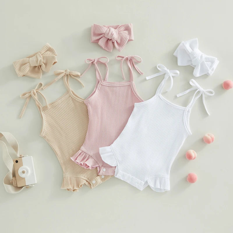 Soft Ribbed Flutter Tie-Strap Romper Set