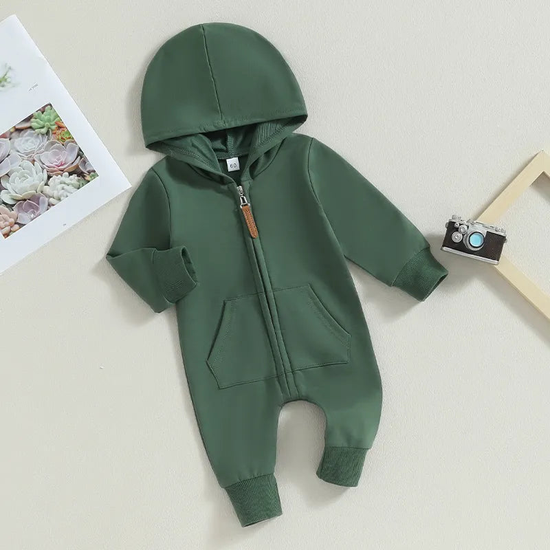 Baby Hooded Solid Color Zip Up Jumpsuits