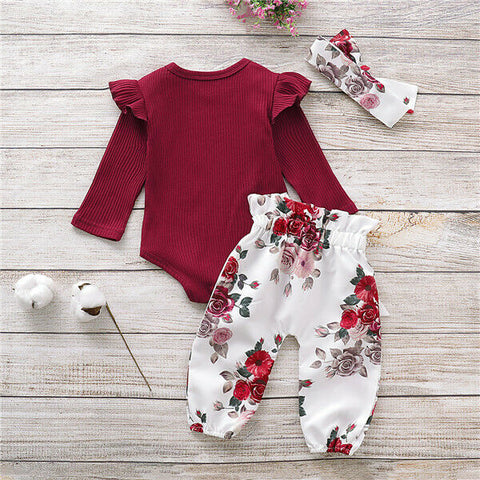 Girls' Rose Print Long-Sleeved Onesie & Pant Set