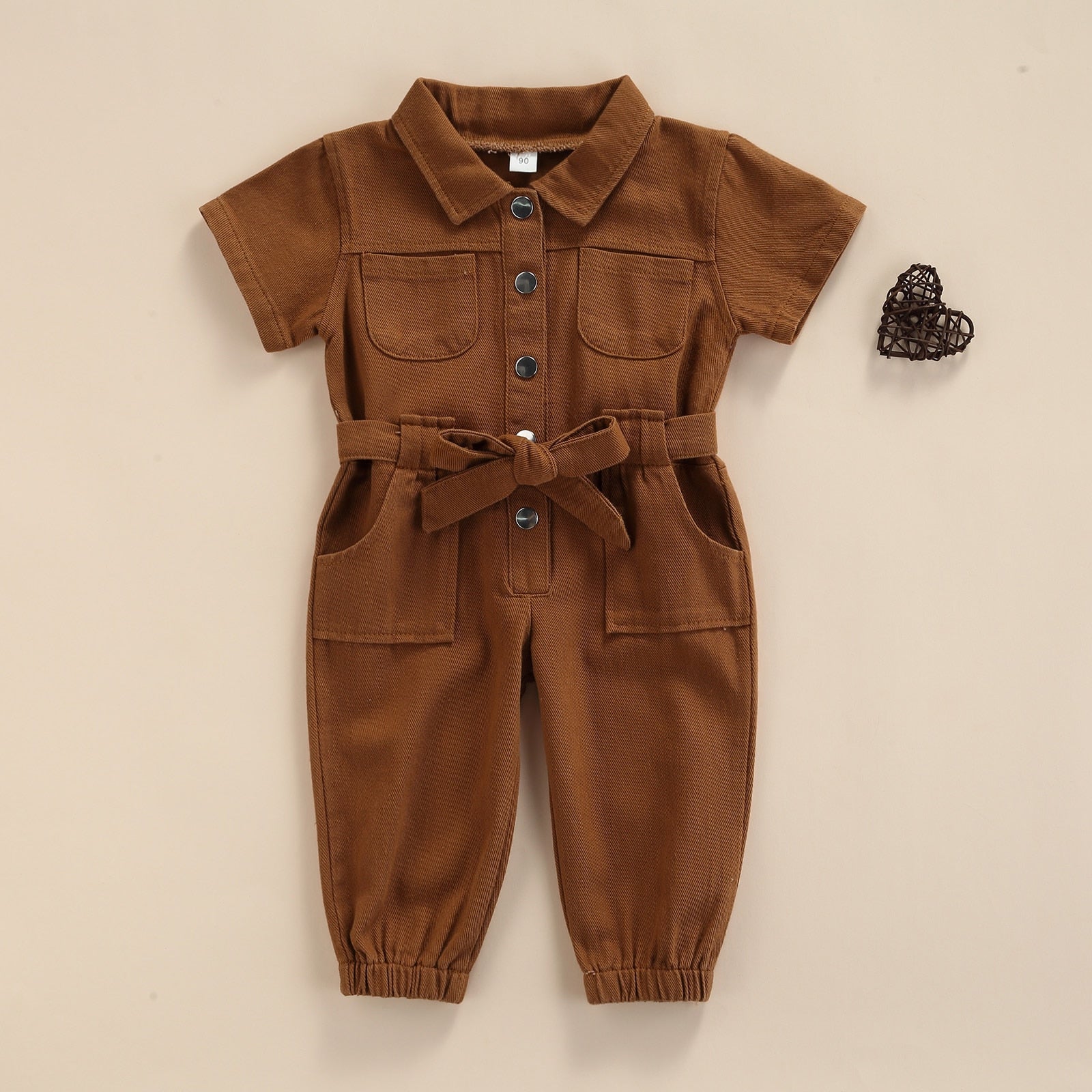 Girls' Short-Sleeved Belted Denim Jumpsuit
