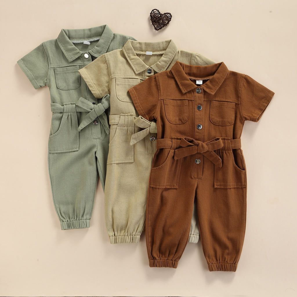Girls' Short-Sleeved Belted Denim Jumpsuit