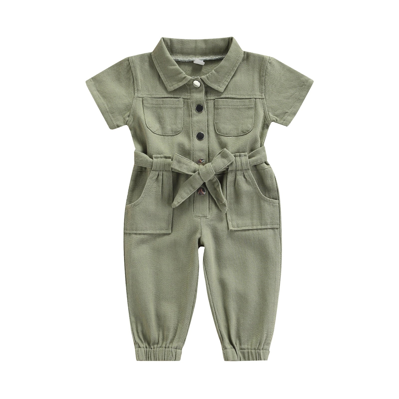 Girls' Short-Sleeved Belted Denim Jumpsuit