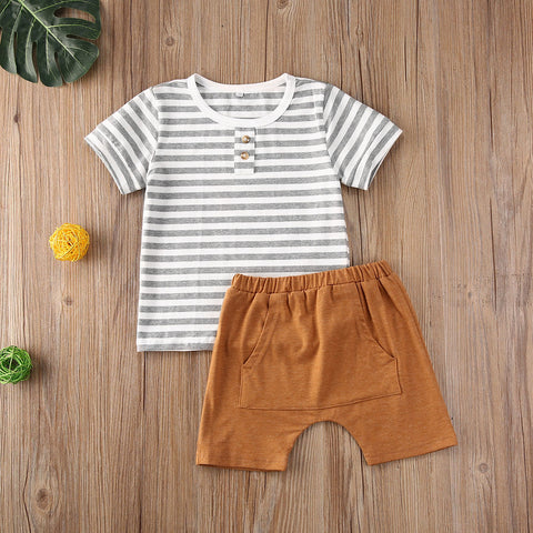 Boys' Striped Short-Sleeved T-Shirt Kangaroo Pocket Short Set