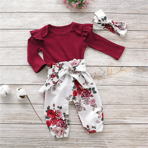 Girls' Rose Print Long-Sleeved Onesie & Pant Set