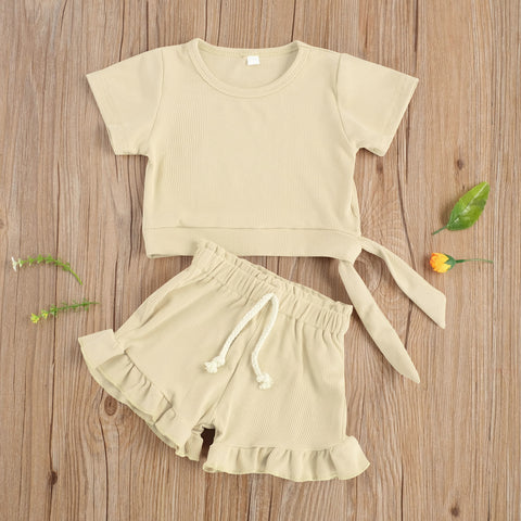 Girls' Ruffle Detail Solid Color Short-Sleeved Short Set