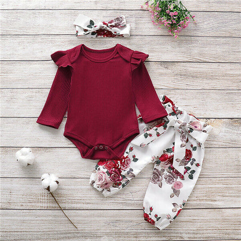 Girls' Rose Print Long-Sleeved Onesie & Pant Set