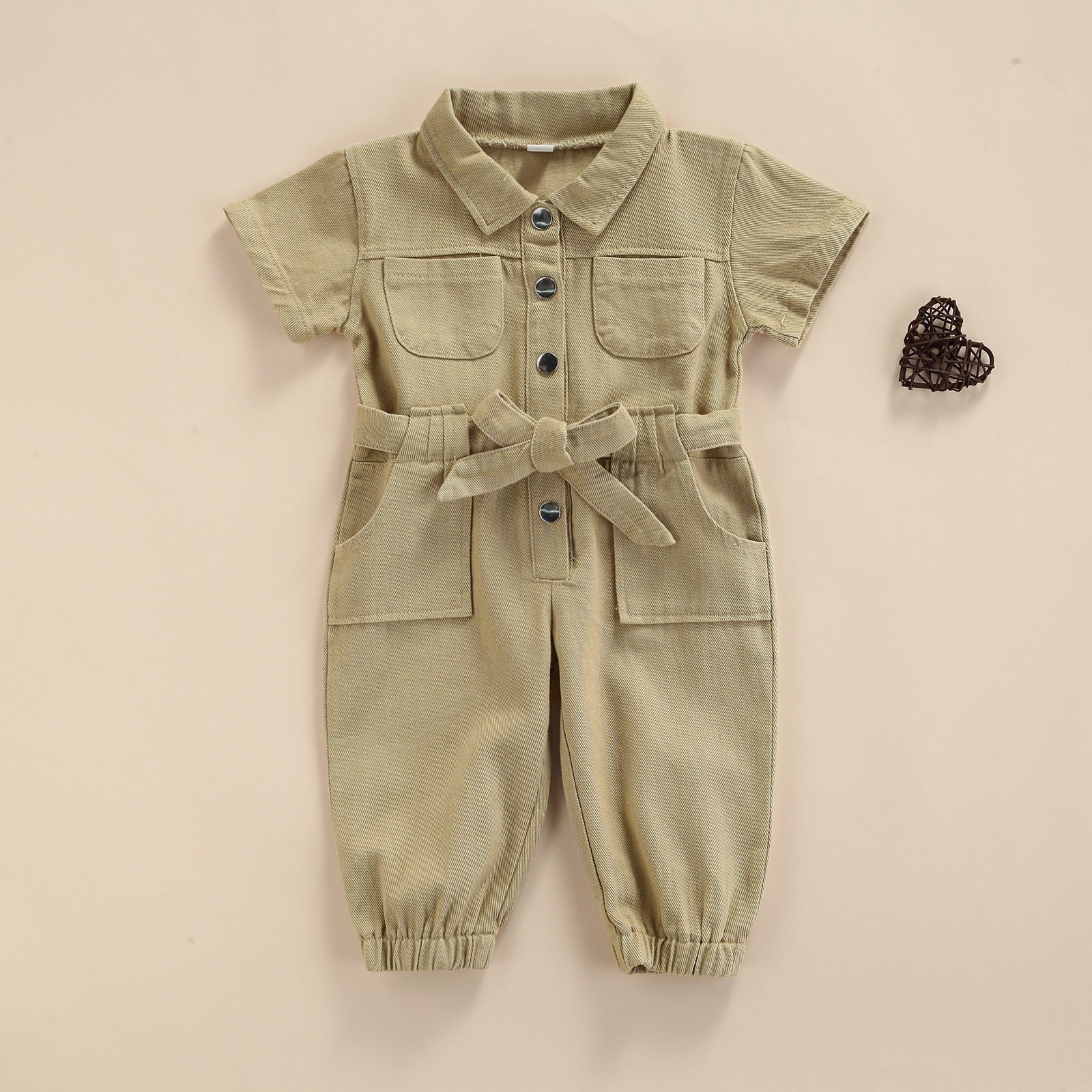 Girls' Short-Sleeved Belted Denim Jumpsuit