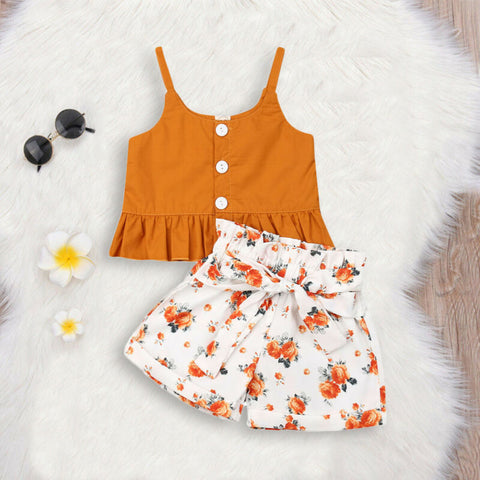 Girls' Orange Floral Print Sleeveless Short Set