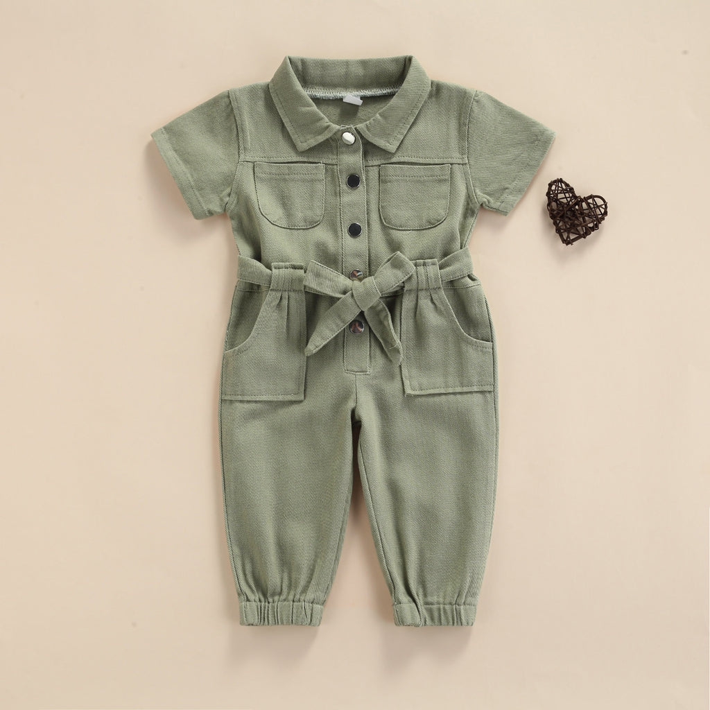 Girls' Short-Sleeved Belted Denim Jumpsuit