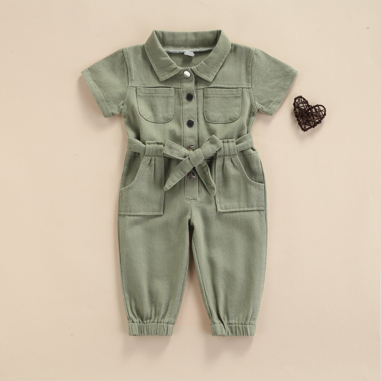 Girls' Short-Sleeved Belted Denim Jumpsuit