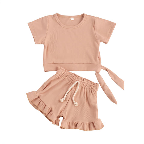 Girls' Ruffle Detail Solid Color Short-Sleeved Short Set