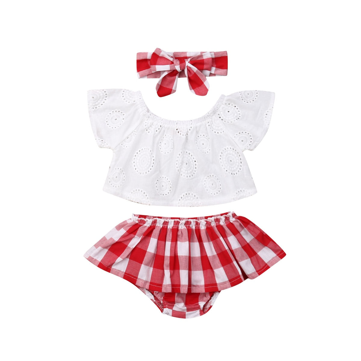 Girls' Off the Shoulder Flare Sleeved & Red Plaid Shorts Set