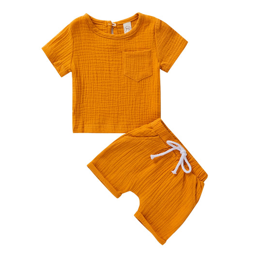Kids' Solid Color Short-Sleeved Cuffed Short Set
