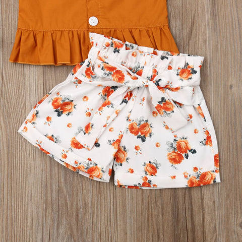 Girls' Orange Floral Print Sleeveless Short Set