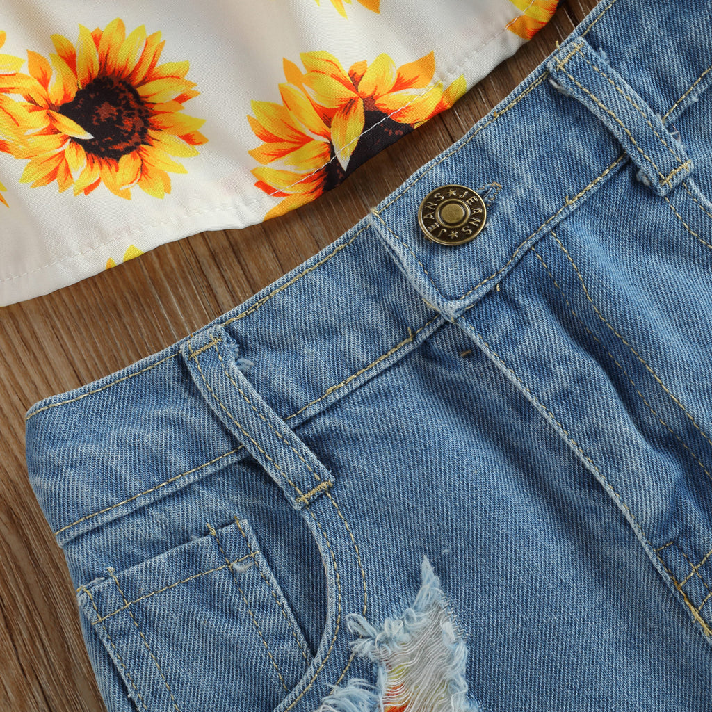 Girls' Sunflower Top & Denim Short Set