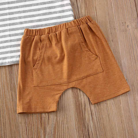 Boys' Striped Short-Sleeved T-Shirt Kangaroo Pocket Short Set