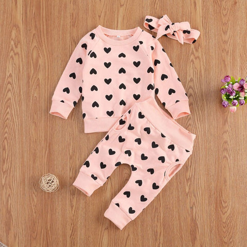 Girls' Heart Print Long-Sleeved Pant Set