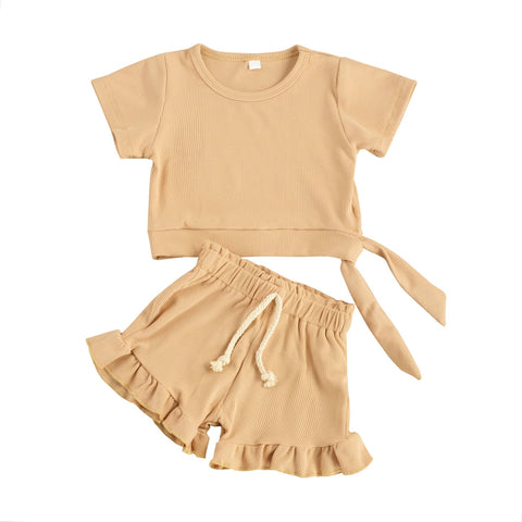 Girls' Ruffle Detail Solid Color Short-Sleeved Short Set