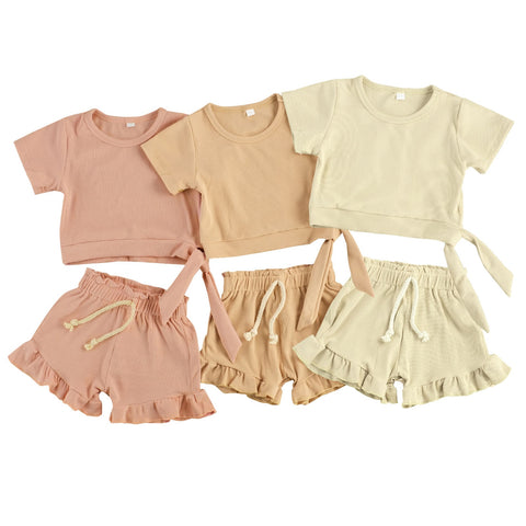 Girls' Ruffle Detail Solid Color Short-Sleeved Short Set