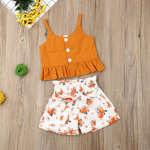 Girls' Orange Floral Print Sleeveless Short Set