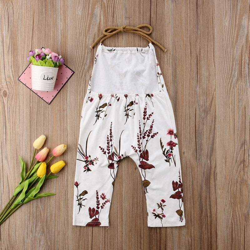 Girls' White Floral Halter Jumpsuit