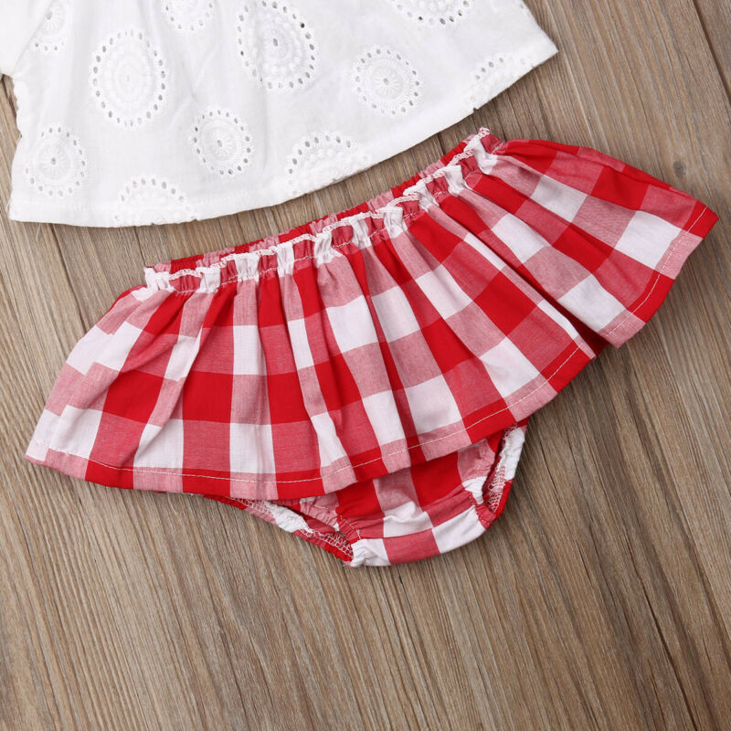 Girls' Off the Shoulder Flare Sleeved & Red Plaid Shorts Set