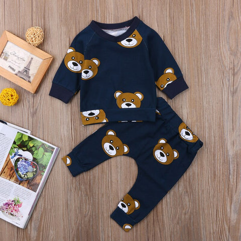 Navy Teddy Bear Long-Sleeved Pant Set