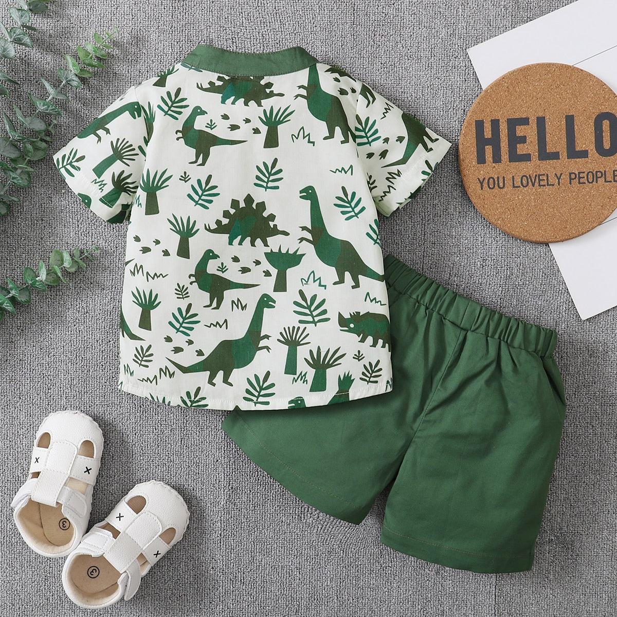 Boys' Green Dino Button Up Short Set