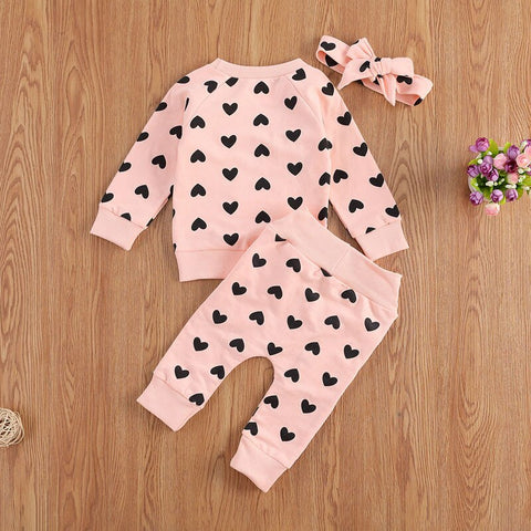 Girls' Heart Print Long-Sleeved Pant Set