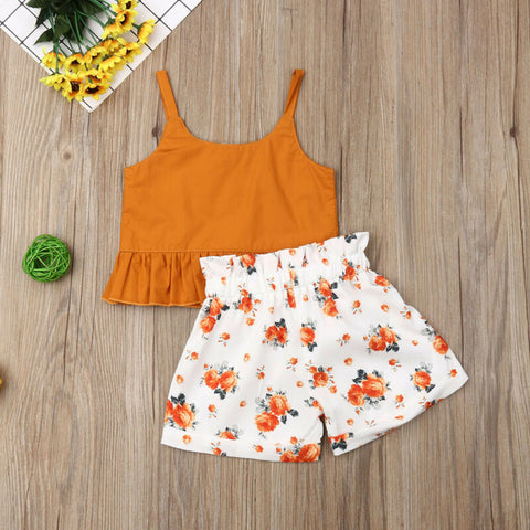 Girls' Orange Floral Print Sleeveless Short Set