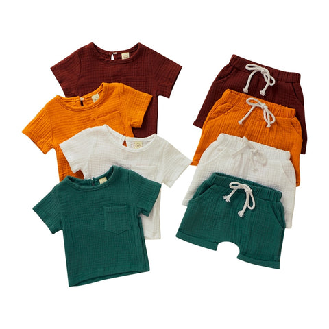 Kids' Solid Color Short-Sleeved Cuffed Short Set
