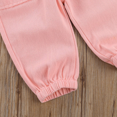 Pink Girls' Short-Sleeved Belted Denim Jumpsuit