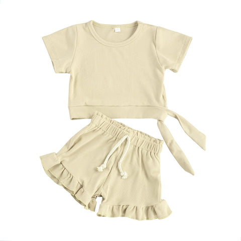 Girls' Ruffle Detail Solid Color Short-Sleeved Short Set