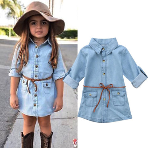 Girls' Long-Sleeved Light Wash Denim Dress