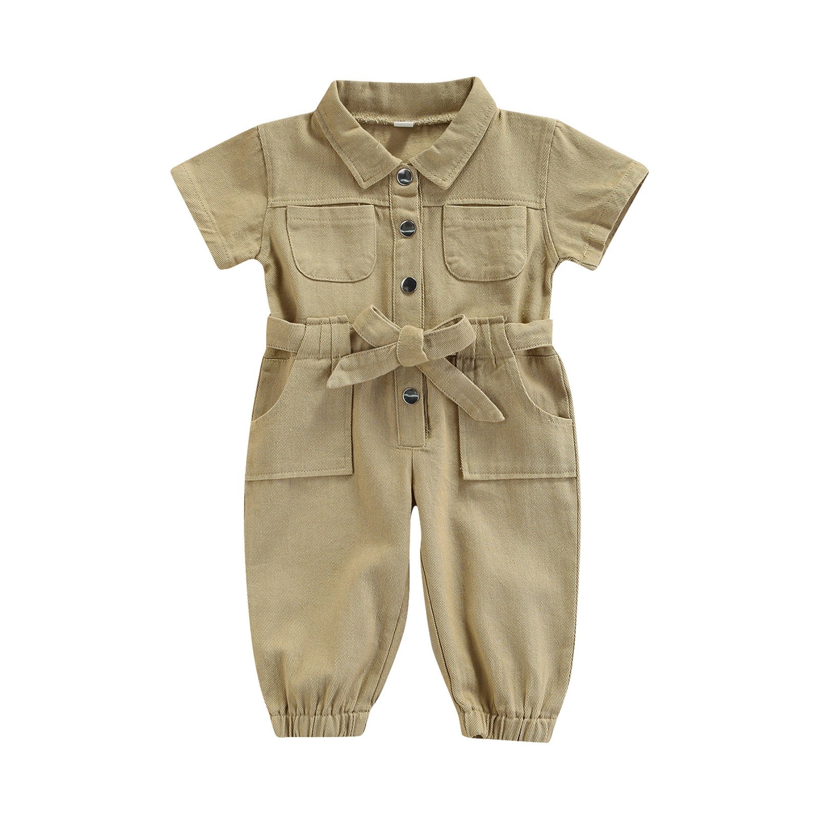 Girls' Short-Sleeved Belted Denim Jumpsuit