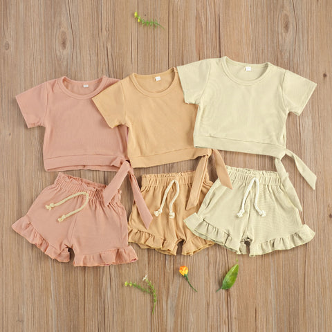 Girls' Ruffle Detail Solid Color Short-Sleeved Short Set