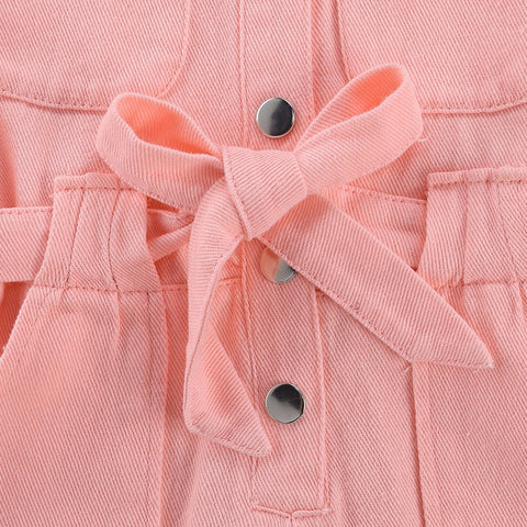 Pink Girls' Short-Sleeved Belted Denim Jumpsuit